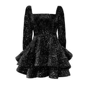 Women’s Long Sleeve Short Layered Dress Black Velvet W/ Full Sequin Size 18 NWOT